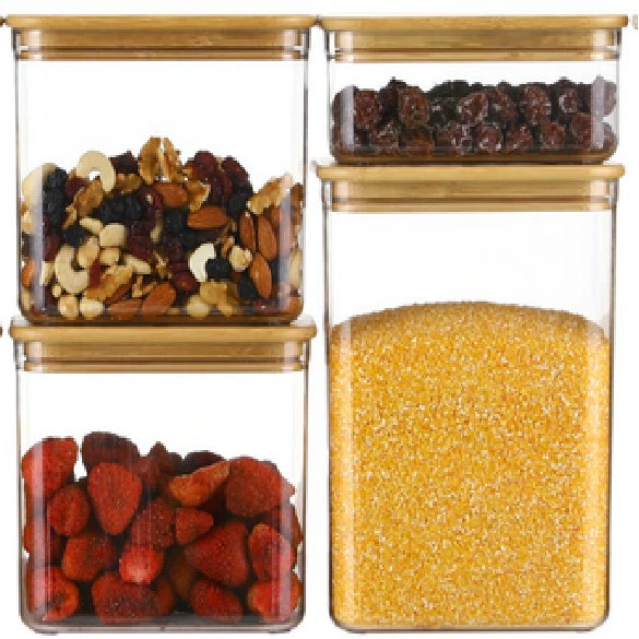 Airtight Square Storage Container with Bamboo Lid, Transparent Plastic, Multiple Capacities