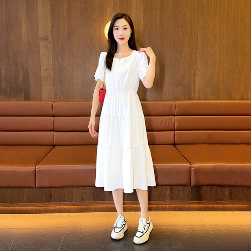 Summer Short-Sleeve Dress for Women, Medium-Long Length, 2025 New Arrival, Elegant and Slimming, Waist-Clinching, Fashionable High-Waist Round Neck Dress