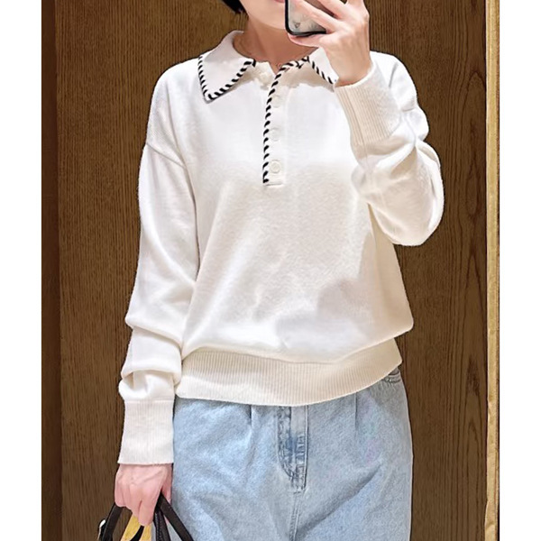 S 2025 New Autumn and Winter Women's Clothing Dimur Style Casual Sheep Wool White Topstitch Lapel Knitwear