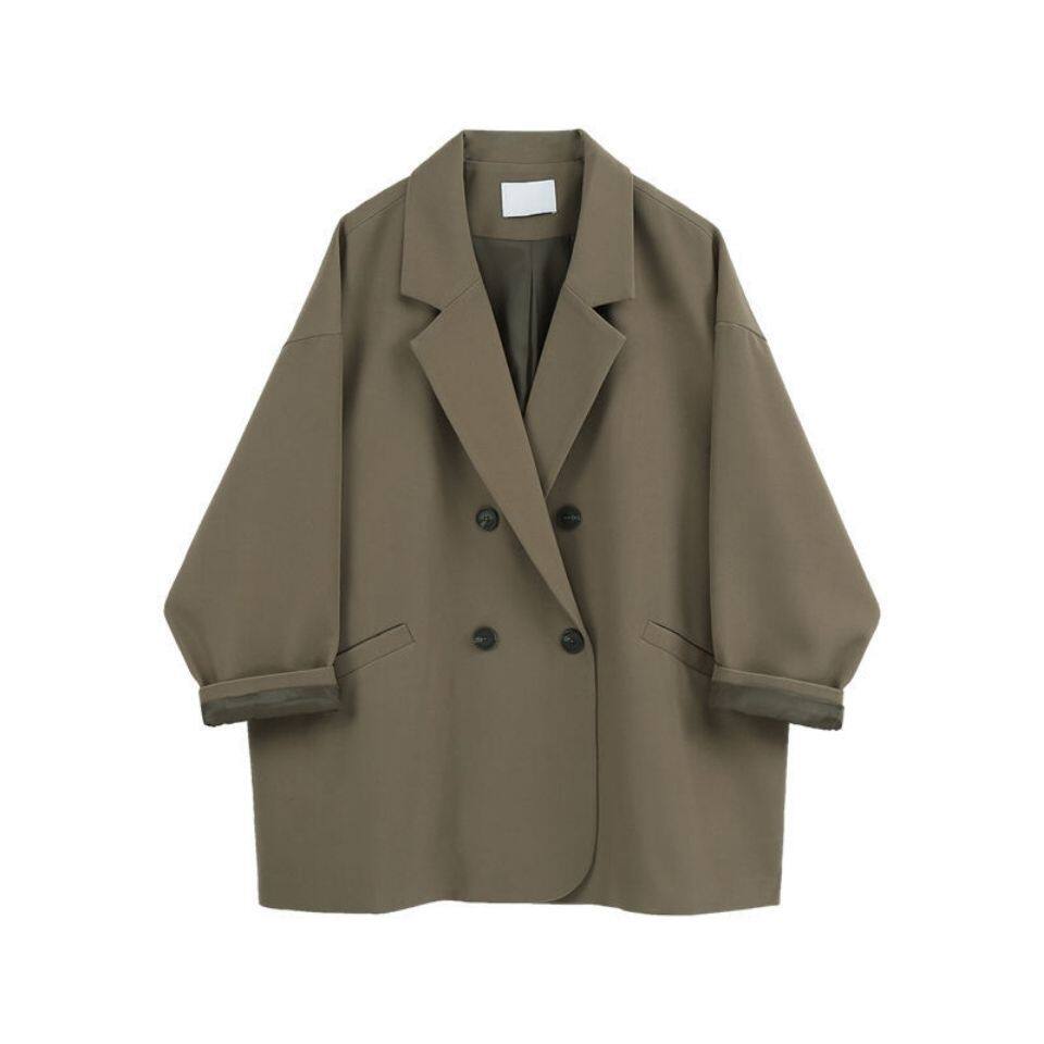 Áo blazer nữ dáng rộng cổ vest tay dài phong cách thanh lịch — quần kaki, đen, Bông đen, Kaki và bông