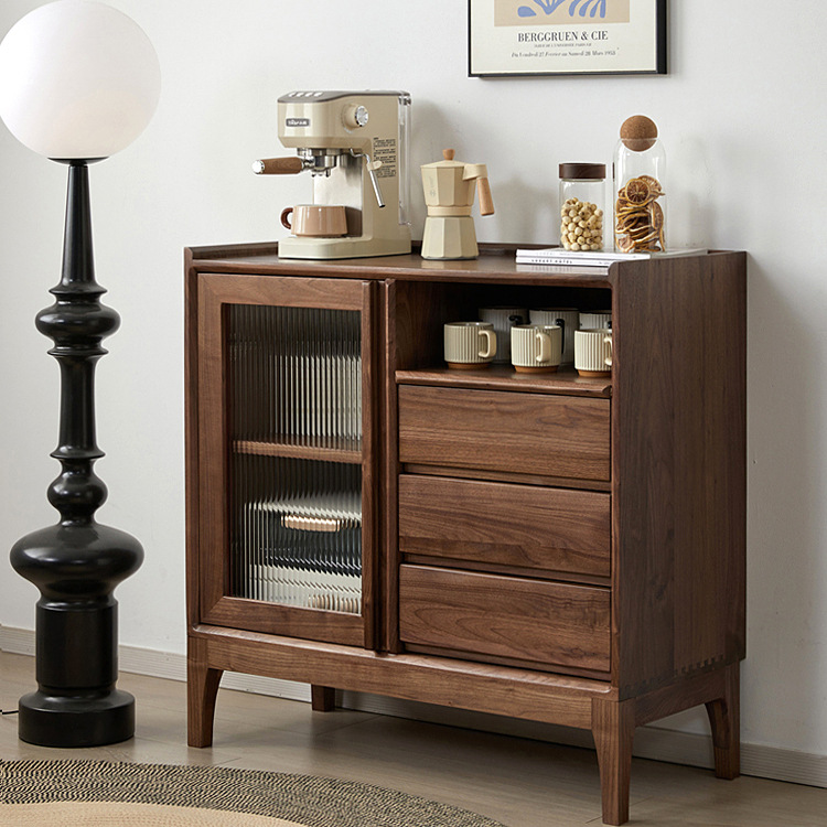Nordic Simple Black Walnut Sideboard Japanese Solid Wood Living Room Storage Cabinet Home Restaurant Glass Door Storage Cabinet