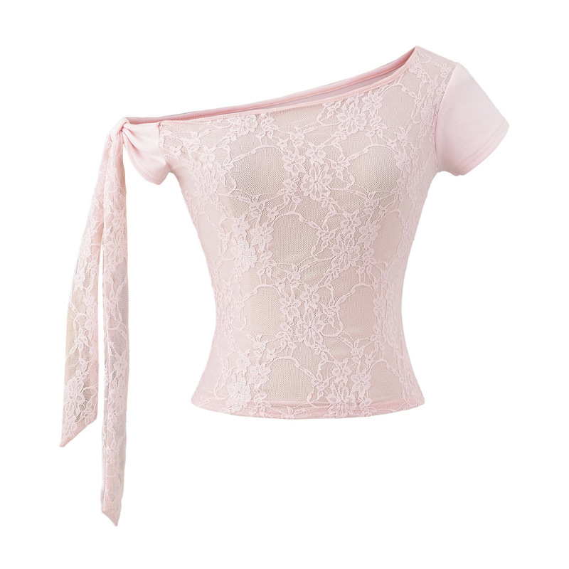 One-Shoulder Sexy Lace Top for Women 2025 Summer New Elastic Slim Waist Short Bottoming Shirt T-Shirt One-Shoulder Sexy Lace Top for Women 2025 Summer New Elastic Slim Waist Short Bottoming Shirt T-Shirt