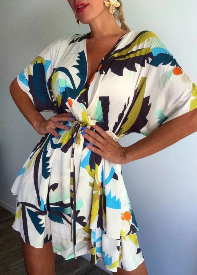Abstract Print V-Neck Midi Dress With Tie Waist, Flowy Short Sleeve Summer Dress For Vacation & Casual Outings_ecoleips.com