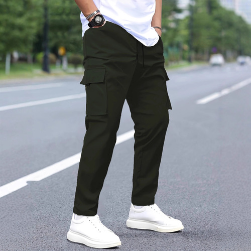 Amazon 100% Cotton Men's Work Pants Straight Leg Drawstring Multi-Pocket Casual Long Pants for European and American Independent Stations