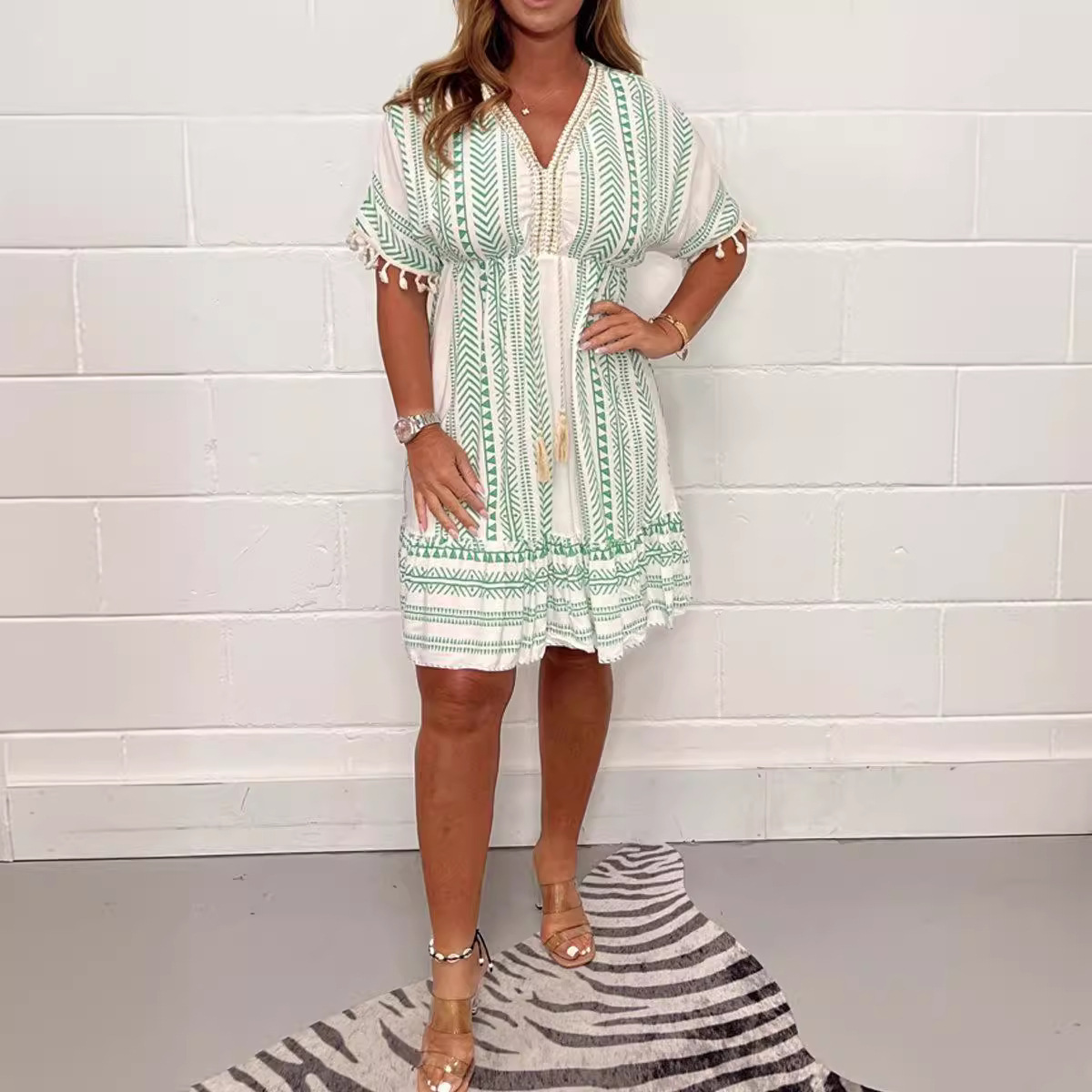 Women's Clothing Women's Fashion V Neck Short Sleeve Dress Printed Lace Trim Style For Formal & Casual For Women_ecoleips.com