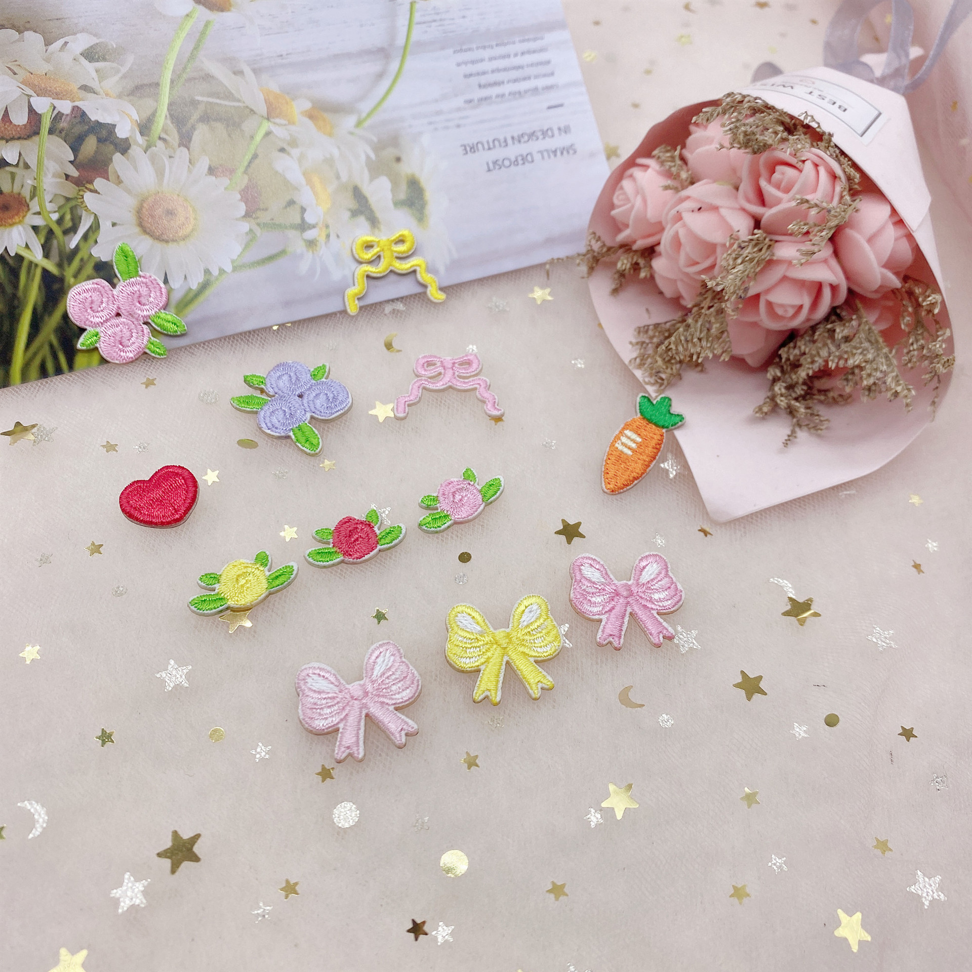 Jianlian cute flower embroidered cloth stickers Mini small size mobile phone shell DIY decorative bow self-adhesive flower