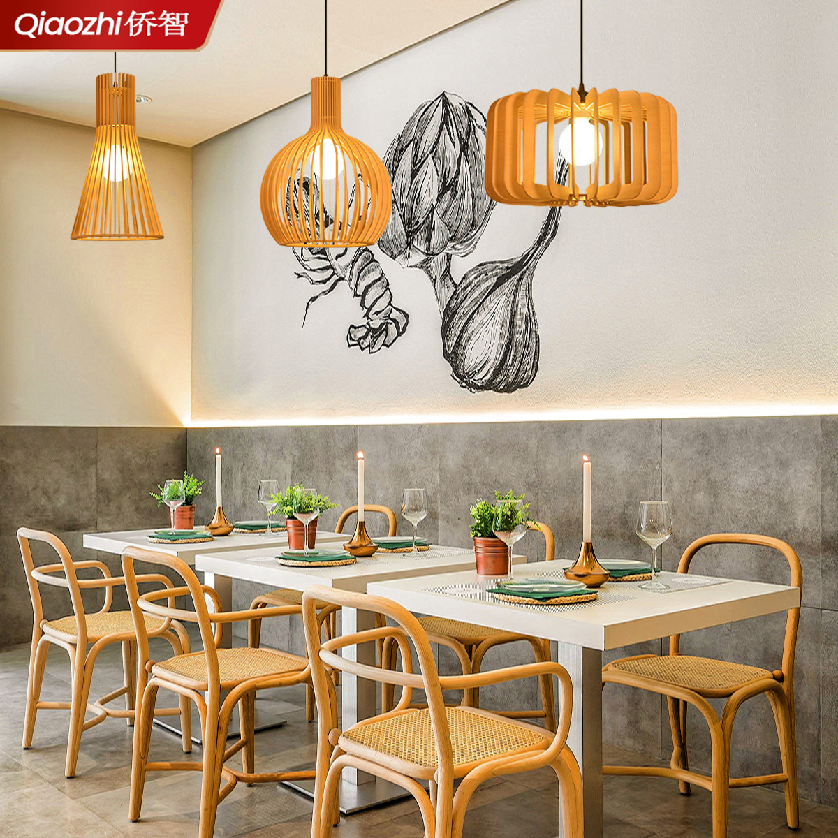 Nordic simple restaurante lámparas de madera calabaza estilo japonés estilo tranquilo B & B dormitorio sala de té arte chino araña