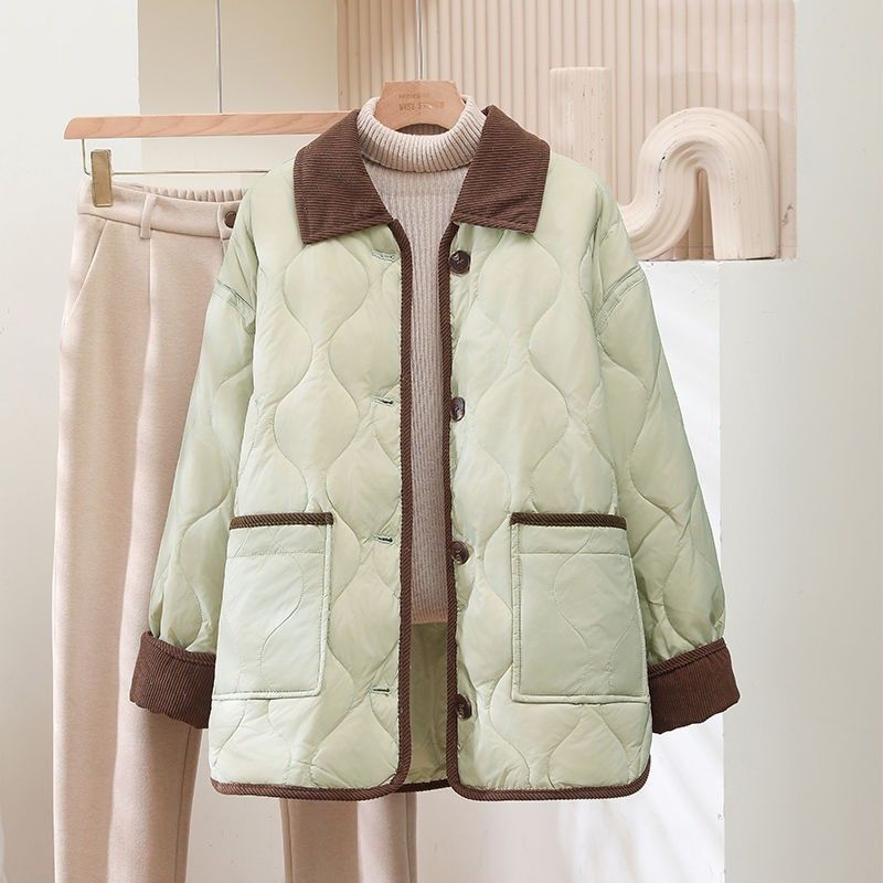 轻薄棉服女2025冬季新款翻领灯芯绒菱格宽松百搭短款保暖棉衣外套|undefined