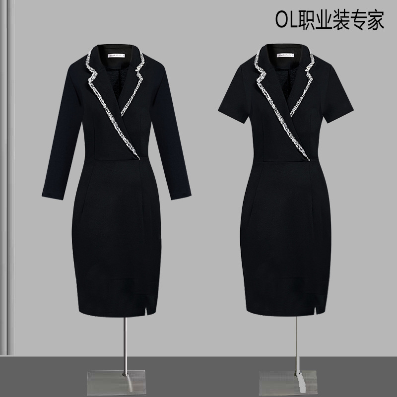 2022 new women's dress professional V-neck hip skirt commuter socialite front desk work clothes spring and autumn black wholesale