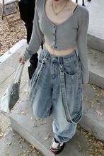 大码设计感水洗背带牛仔阔腿裤女秋季复古高腰宽松显瘦拖地长裤子