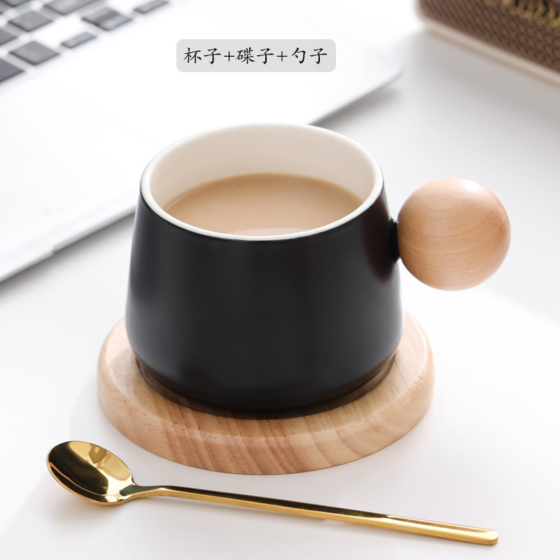 Taza de café de moda, regalo de mano, taza de cerámica, taza de roble, mango de taza con plato, cuchara, caja de regalo, bolsas, LOGO grabado