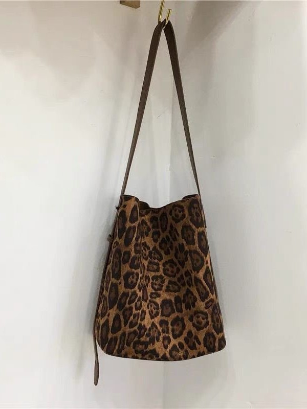 Korean Style Niche Ins Suede Retro Leopard Print Bucket Bag Versatile Shoulder Crossbody Tote Bag For Women - Thumbnail 2