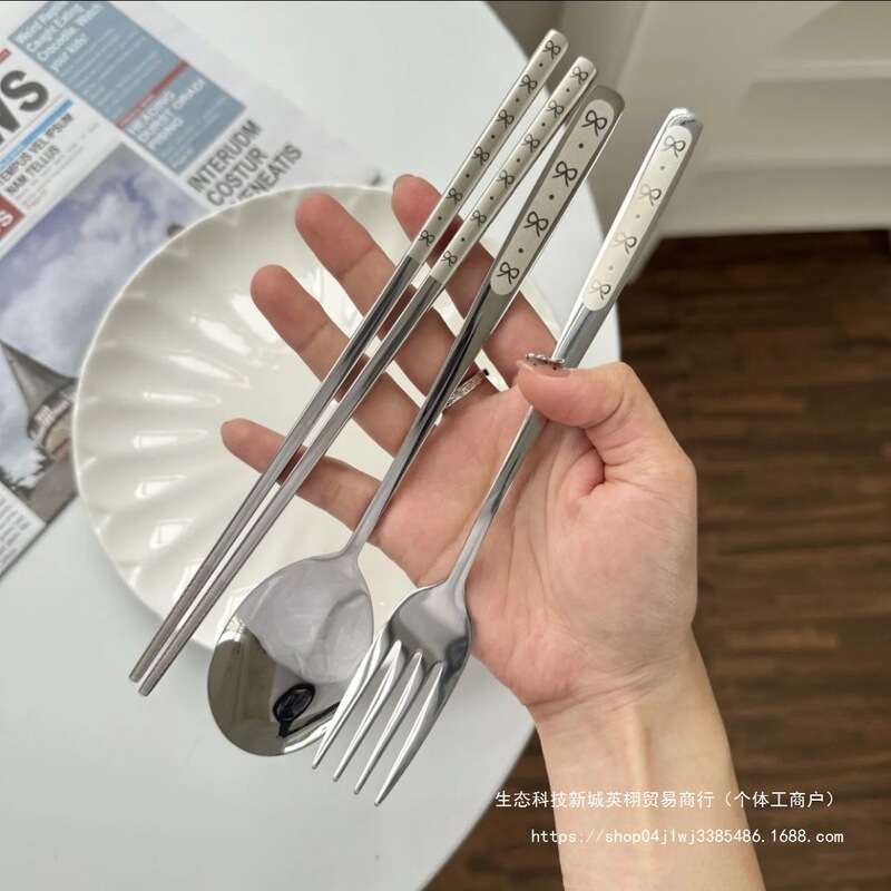 Stainless Steel Spoon and Chopstick Set Portable Box Tableware Three-Piece Set Student Fork and Spoon Storage Camping Style Mainland China