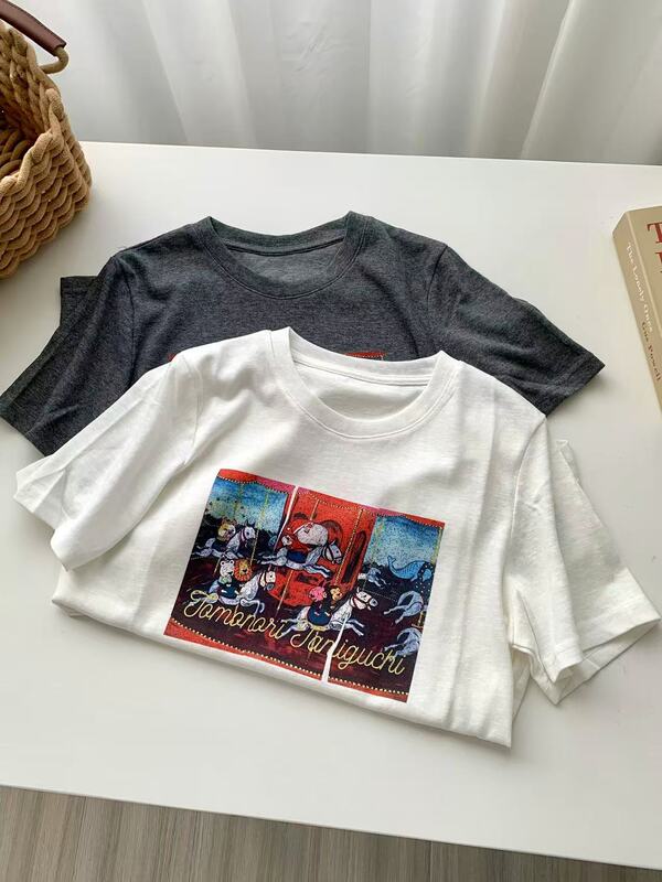 American retro carousel print short-sleeve women's T-shirt, summer thin linen-feel cotton Korean-style cartoon base shirt American retro carousel print short-sleeve women's T-shirt, summer thin linen-feel cotton Korean-style cartoon base shirt