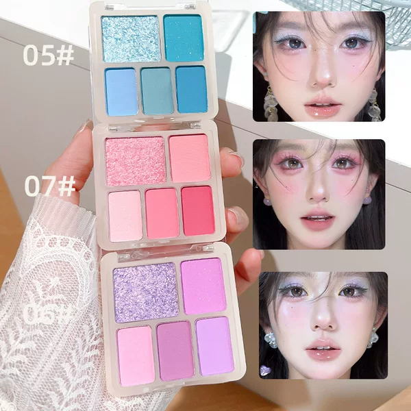 Two-tone Korean-style five-color eyeshadow palette, matte and pearlescent, natural and long-lasting color, blush and highlighter, affordable makeup for female students