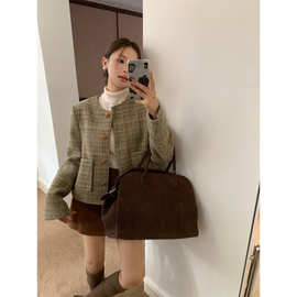 韩国复古格子小香风毛呢外套夹棉百搭显瘦高级感呢子上衣女