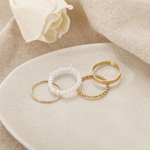 5311401 Cross-border Ring Set Four-Piece Combo Personal Ins Cool Minimalist Pearl Round Ring