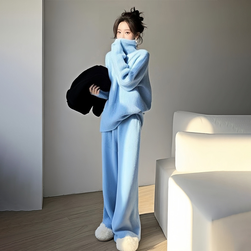 多巴胺蓝色简约宽松高领毛衣女2025新款早秋季韩系慵懒高级感上衣|undefined