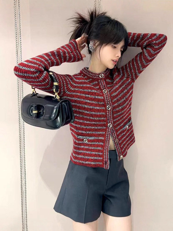 Gu家秋冬新款复古撞色条纹口袋设计金属纽扣针织开衫羊毛外套女|undefined