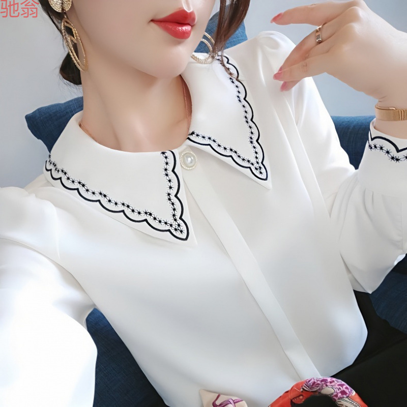 Y9Z Chiffon Shirt with Faux Satin Finish, Long-Sleeve Women's Spring New Style, Embroidered Collar Design, Unique and Stylish, Slim-Fit Top