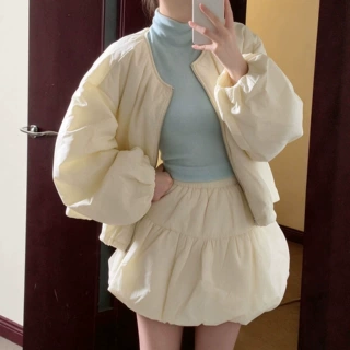秋季新款韩系百搭休闲面包服外套内搭上衣高腰显瘦花苞半身裙套装