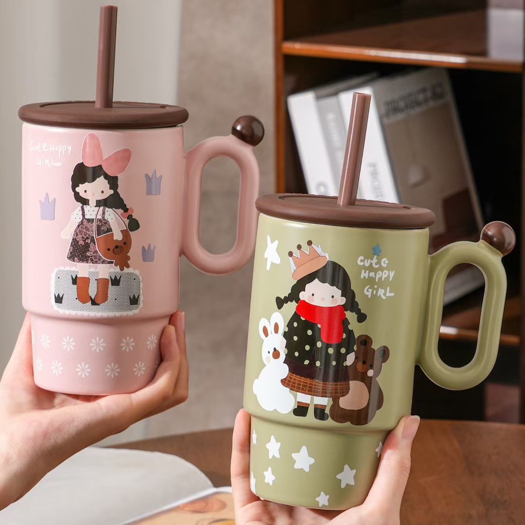 Creativo encantador dibujos animados chica acompañante mano regalo taza de agua de paja estilo japonés alto valor retrógrado taza especial transfronteriza