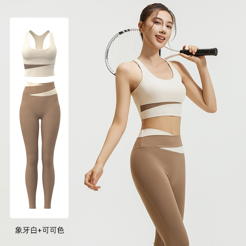 Juyitang カラーブロックハイウエストおなかコントロールヨガウェア耐衝撃スポーツスーツタイトなヒップリフティングヌードフィットネスウェア女性用|undefined