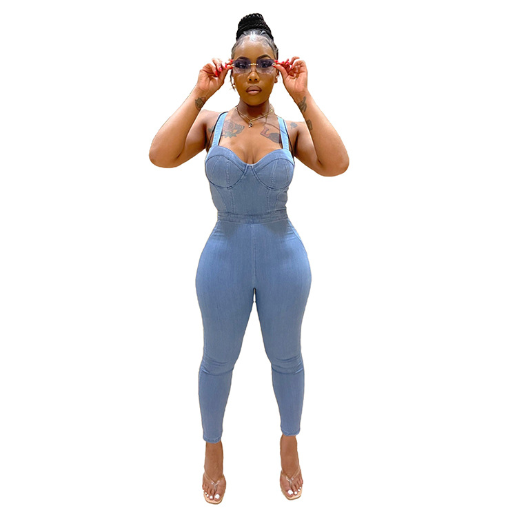 suspender backless tight wrap chest solid color denim jumpsuit NSARY126806