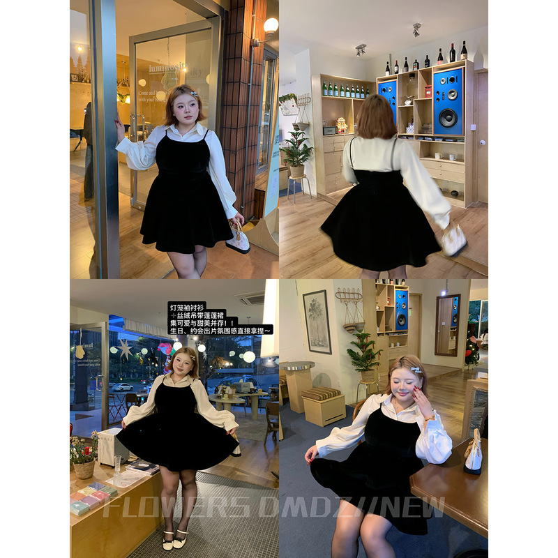 Global Fashion【Black Velvet Muse】Plus Size French Style Black Velvet Waist-Cinching Strap Dress with Peter Pan Collar Shirt Global Fashion【Black Velvet Muse】Plus Size French Style Black Velvet Waist-Cinching Strap Dress with Peter Pan Collar Shirt