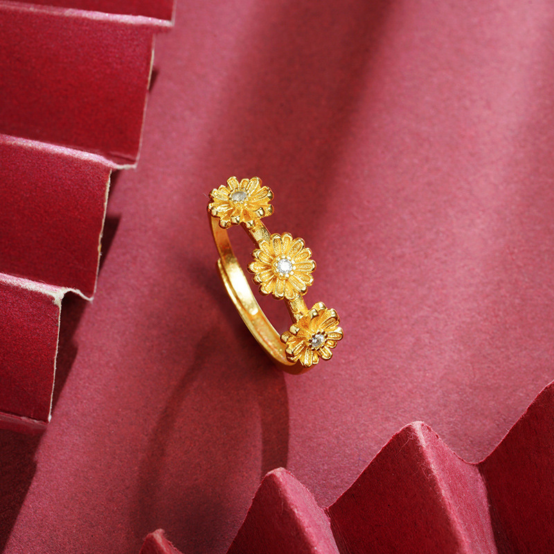 Anillo de oro de arena vietnamita ligero lujoso viento pequeña margarita corolla de diamantes anillo de boca viva para mujeres de alta calidad joyas no se desvanecen