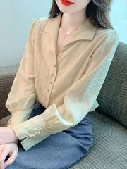 秋装新款宽松肌理感显瘦长袖别致漂亮小衫2025设计感翻领衬衫女