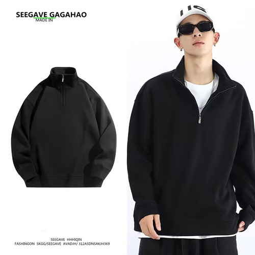 Autumn/Winter Fleece Lined Half-Zip Polo Shirt Sweatshirt Men's Trendy Collar Long-Sleeve T-Shirt Solid Color Cross-Border In-Stock Wholesale