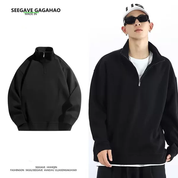 Autumn and winter fleece-lined half zipper Polo shirt sweater men's fashion lapel long sleeve T-shirt solid color cross-border in stock wholesale