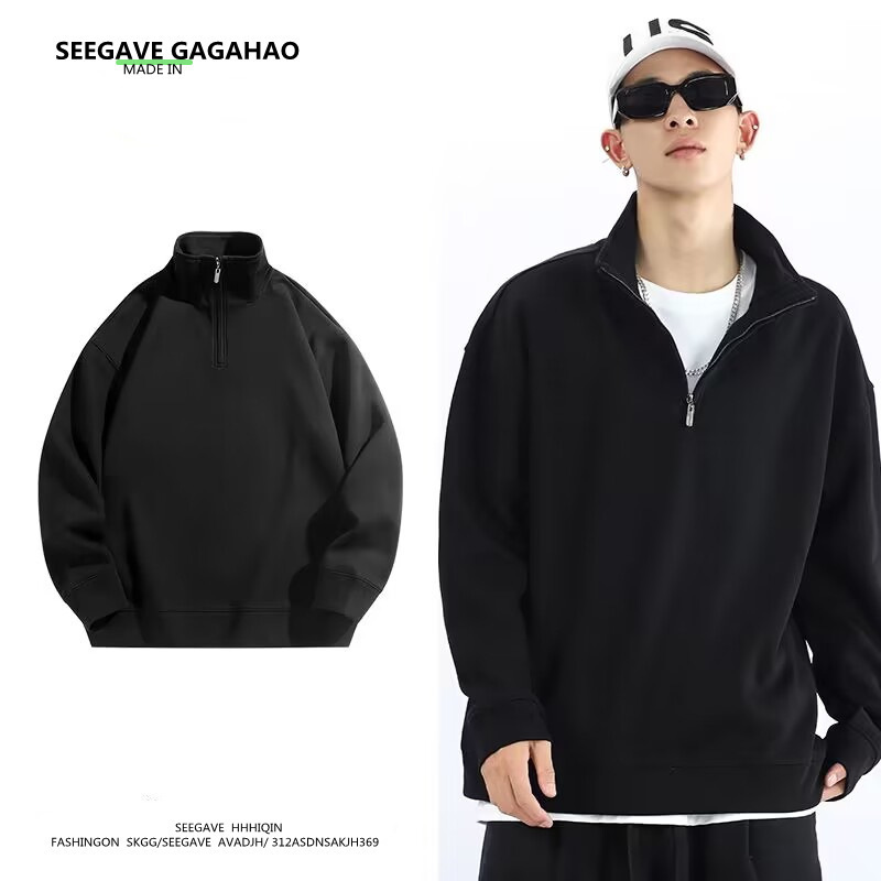 Autumn and winter fleece-lined half zipper Polo shirt sweater men's fashion lapel long sleeve T-shirt solid color cross-border in stock wholesale