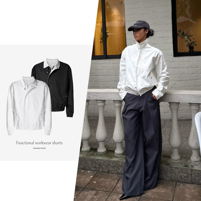 【Csmy】Xanvas White Striped Reversible Intellectual Harrington Jacket Old Money Style Casual Workwear 【Csmy】Xanvas White Striped Reversible Intellectual Harrington Jacket Old Money Style Casual Workwear
