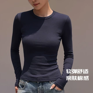 高级简约正肩t恤长袖女秋季氨纶纱软弹舒适上衣纯色圆领经典打底