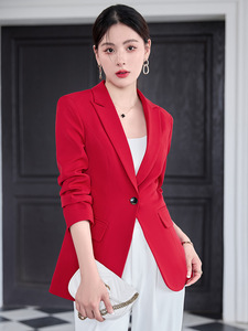 High end red small Blazer women's Korean British style OL commuting one button long sleeve suit