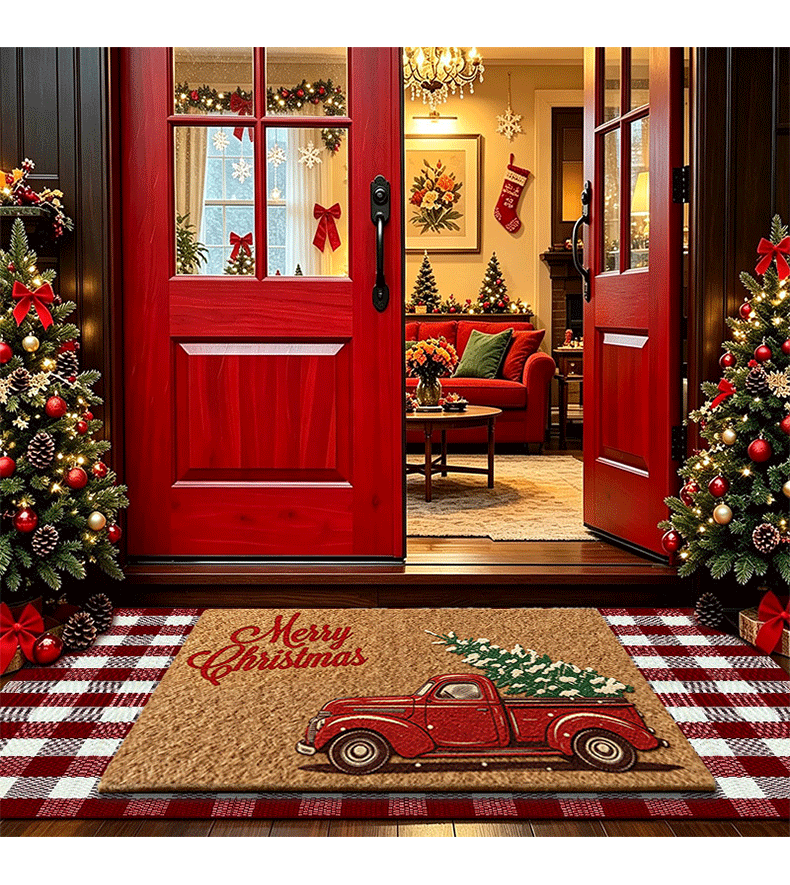 Imitation coconut palm floor mat set, color-woven plaid cotton kitchen absorbent doormat, Christmas style entrance mat for scraping off dirt