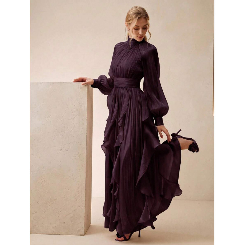 Cross-border Amazon European and American 2026 Autumn New Elegant Lantern Sleeve Stand Collar Pleated Ruffle Dress