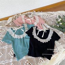 女童露背T恤22夏款韩国童装儿童蕾丝花边系带甜美可爱短袖上衣潮