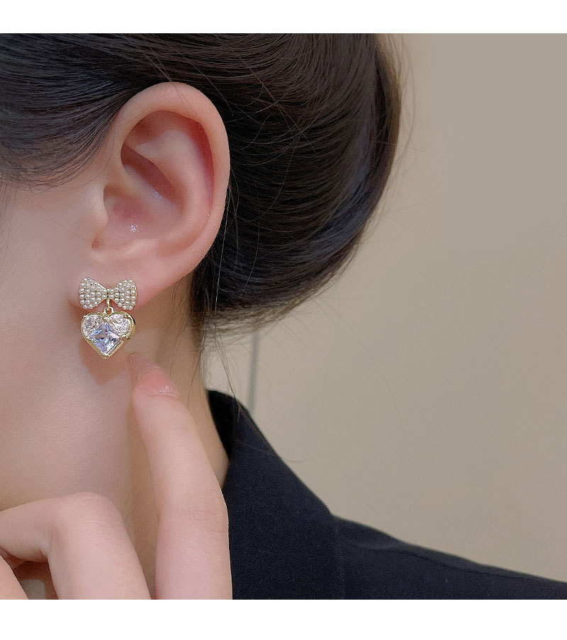 Sweet Heart Shape Bow Knot Copper Plating Inlay Artificial Pearls Zircon Drop Earrings 1 Pair