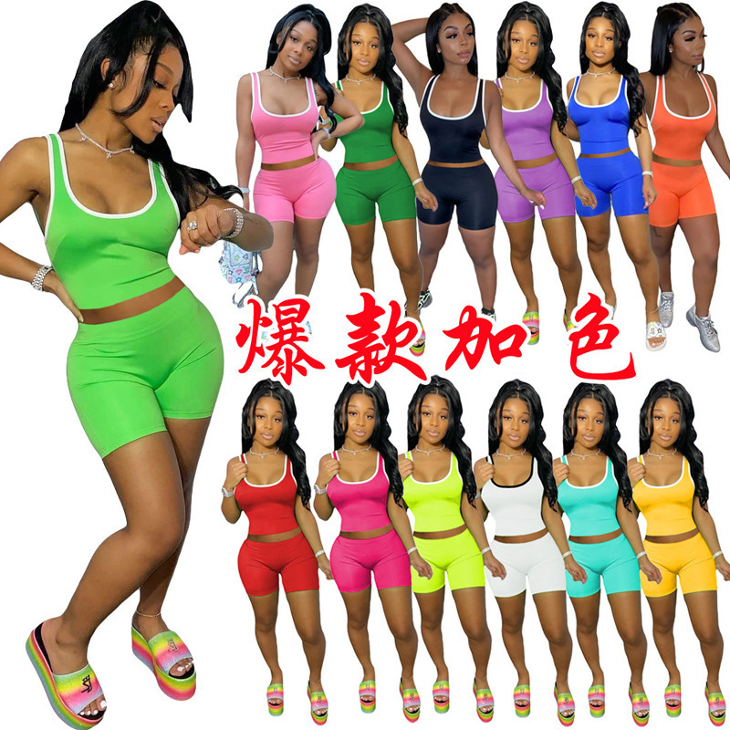 Kx5008 European and American Cross-Border Women's Amazon Independent Station Sports Solid Color Tank Top and Shorts Set with a Light Luxury Splicing Design