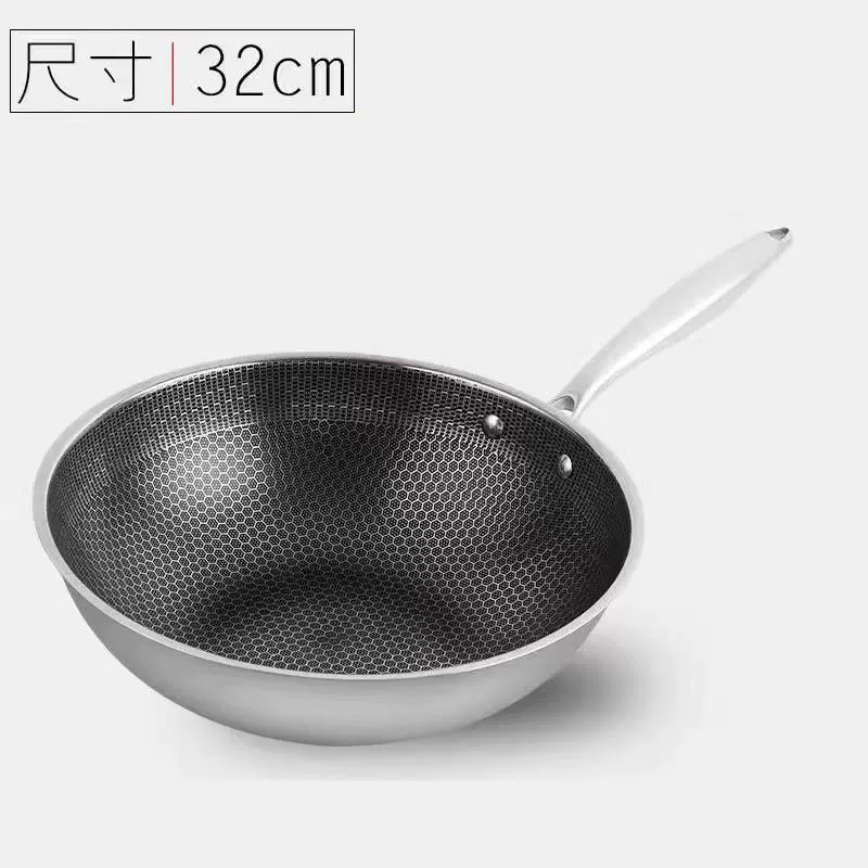 Stainless steel non‑stick wok, oil‑free frying pan, flat or round bottom, 32–36 cm