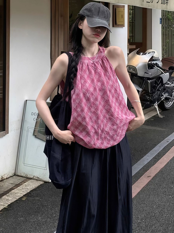 复古百搭撞色格子无袖背心女夏季2025新款甜美减龄宽松花苞上衣潮|undefined