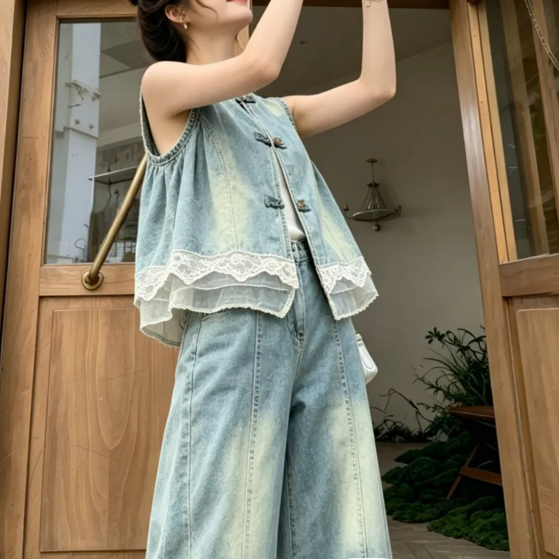 Unique and Super Stylish Denim Suit for Women, Summer Lace Patchwork Sleeveless Vest and Wide-Leg Pants Two-Piece Casual Outfit Unique and Super Stylish Denim Suit for Women, Summer Lace Patchwork Sleeveless Vest and Wide-Leg Pants Two-Piece Casual Outfit