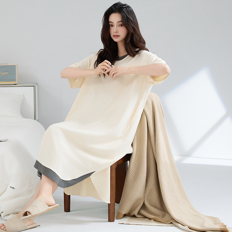 Camisón mujer verano algodón de manga corta tirante largo pijama de algodón fresco falda suelta ropa de hogar de gran tamaño se puede usar afuera