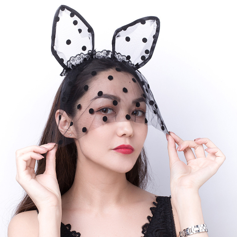 Diadema sexy, velo de encaje, diadema de conejo, diadema de lunares negros, accesorios para el cabello, diadema de baile de paty, diadema de velo, diadema femenina