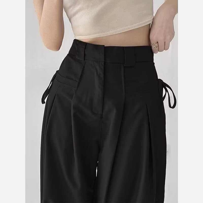 Black High Waist Straight Casual Pants Women's Summer Small Thin Dosing Workwear Wide Leg Pants Suit Pants