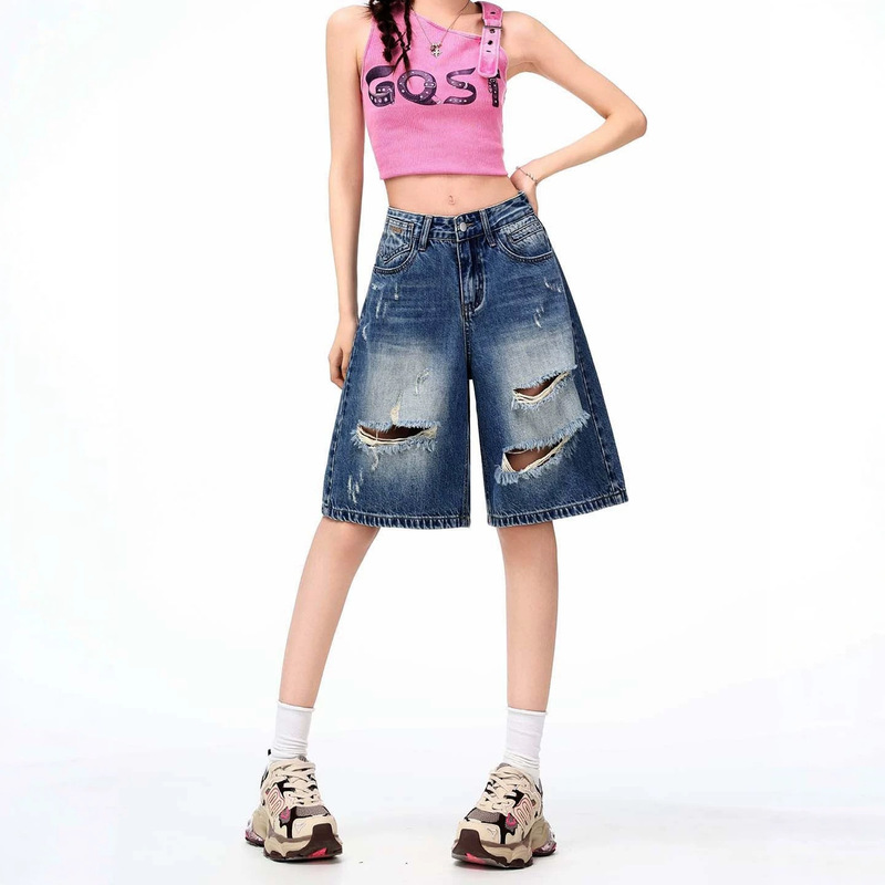 Ripped Denim Shorts for Women, Summer Thin Style, Loose Fit, Slimming Effect, Straight Wide-Leg Denim Shorts