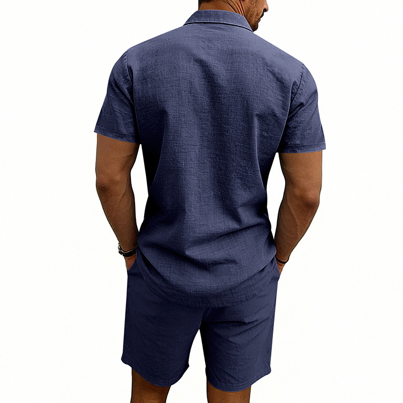 Ensemble polo et short de plage décontractés en lin, style américain, pour homme, idéal pour l'été, les vacances et les trajets quotidiens. Grandes tailles disponibles. Coupe ample. Polo à revers simple et coupe simple._voghion.com